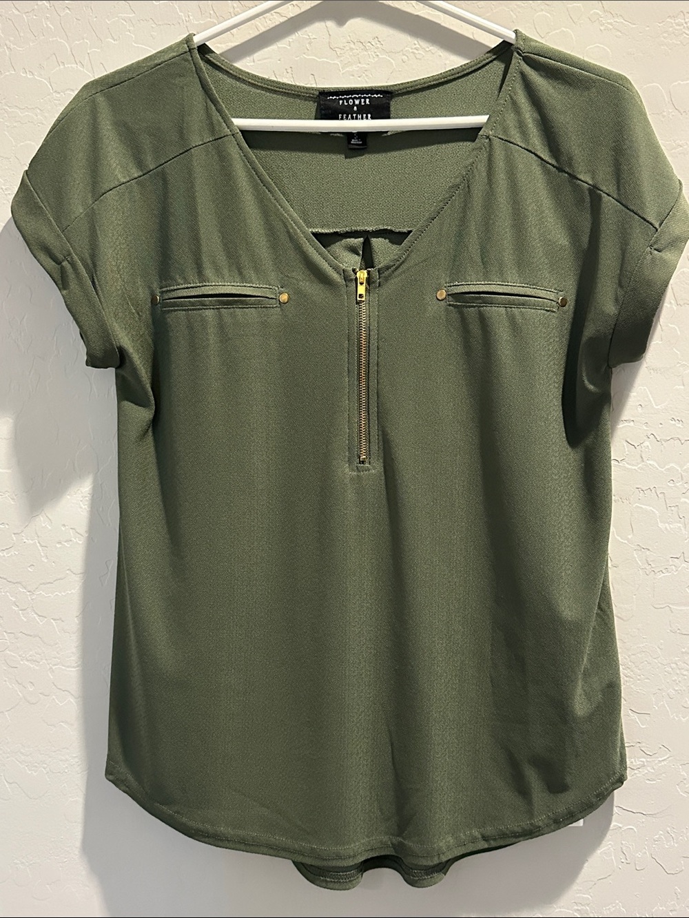 Olive Green Short Sleeve Zip Front Top size S